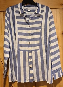 Nuovo! Camicia tunica stile nord taglia XL bottoni garza manica lunga righe leggere - Foto 1 di 12