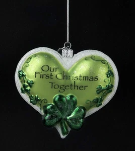 KURT ADLER OUR FIRST CHRISTMAS TOGETHER IRISH SHAMROCK HEART GLASS ORNAMENT - Picture 1 of 1