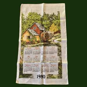 Vtg 1980 Linen Tea Towel Wall Calendar Grist Mill Flour Stream Boy 27.5x16.5" - Picture 1 of 11