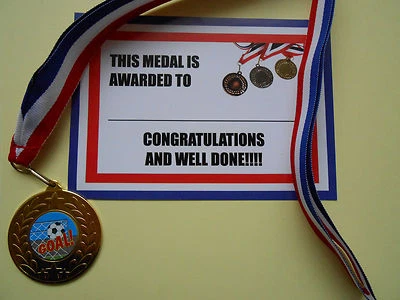 FUNDRAISING AND MEDALS FUSSBALL/TOR MEDAILLEN - METALL - 50MM - GOLD - SILBER ODER BRONZE MIT ZERTIFIKAT