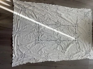 Vintage Blue Floral Embroidery with Cutwork Cotton Tablecloth 66x48” - Picture 1 of 8