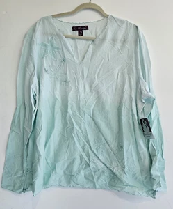 Gloria Vanderbilt Women's 2X Aqua 100% Cotton Blouse Shirt Tunic Embellished - Picture 1 of 4