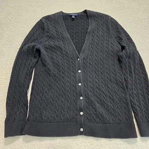 Lands End Black Cable Knit Button-up Sweater V-neck Girls Size L (14-16) School - Picture 1 of 9