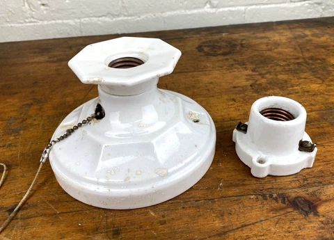 C.1930 Porcelain Flush Mount Light Fixture & Socket, No Cracks, No Chips Cover