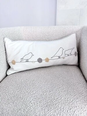 Birds On A Line Decorative Accent Pillow Cream Grey Embroidered Down Feather - Image 1 of 4
