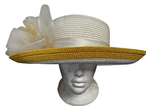 Swan Hat NY Paper Straw Chrch Hat Yellow White Tulle Feathers Size Large 23" IC - Picture 1 of 10