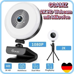 Webcam 2K Full HD für PC mit Mikrofon, Autofokus-Webcam mit Licht - Bild 1 von 8