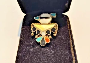 Genuine Sterling Silver Zuni Gem Inlay Turquoise Ring .925 Silver size 8 NICE - Picture 1 of 5