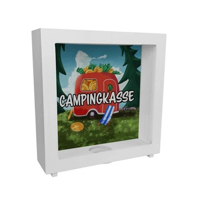 Rahmen Spardose aus Holz mit Camper Motiv und Text - Wohnwagen im Wald - Bild 1 von 4