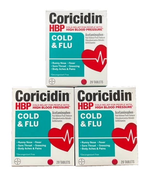 3 BOXES of Coricidin HBP Cold & Flu Tablets, 20 ea - 60 total 11/2027 - Image 1 of 4