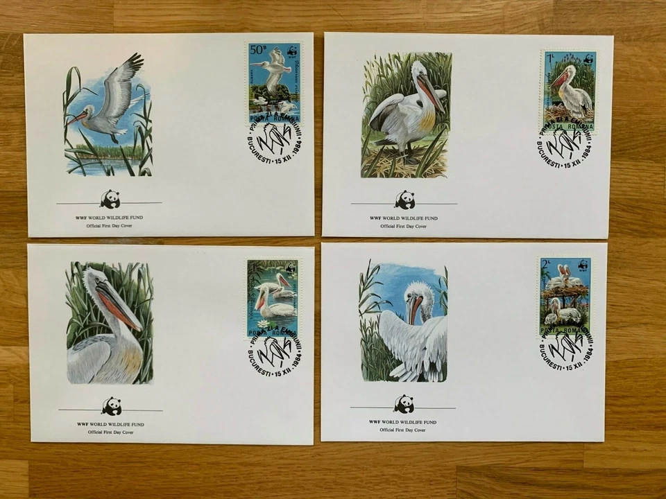 ROMANIA ROMANA 1984 FDC x 4 WWF BIRDS DALMATIAN PELICAN DANUBE DELTA - Image 1 of 1