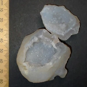 Agate Geode pair natural Chalcedony w/ Druzy Quartz mini crystal cave 318ct - Picture 1 of 5