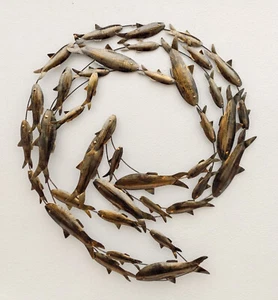 Contemporary Old Gold Fish Shoal Metal Wall Art Large Hand Made Fish Circle - Picture 1 of 5