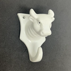 Vtg White Ceramic Bull Cow Head Bath Kitchen Towel Apron Holder Hook Decor Farm - Picture 1 of 7