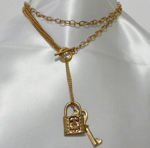 Steampunk Necklace Chain Pendant Lock and Key Brass Chain Long or Short - Imagen 1 de 6