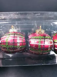 Mundgeblasene Glas Ornament Kugeln Serviettenringe kariert Glitzer Design Neu im Karton 4er Set - Bild 1 von 5