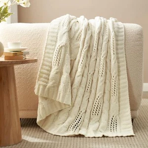 Chunky Knit Chenille Throw Blanket Ivory 50x60 Inch Cozy Farmhouse Decor - Picture 1 of 8