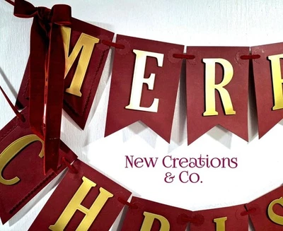 Banner Feliz Navidad Borgoña y Dorado Colgante Banner Decoración Navidad  Foto 1 de 4