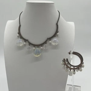 Vtg Avon SAQ Signed Necklace & Earrings Set Boho 90s Y2K Opalite Beads - Picture 1 of 11