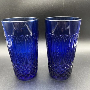 Vintage Royal Sapphire Cobalt Blue Glasses Pressed Glass France Set Of 2 1960s - Picture 1 of 13