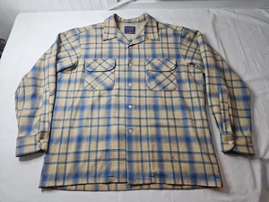 Vtg Pendleton Board Shirt Plaid Wool Loop Collar Blue Yellow Men's Large 25x30 - Picture 1 of 7