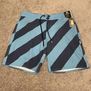 Volcom Board Shorts Mens 34 Striped Blue Mod Tech Pockets Drawstring Swim NEW - Picture 1 of 11