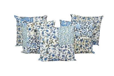 COTTON PATCH KANTHA CUSHION COVER 16x16 Hand Stitched, Blue N White, Set Of 2 - Image 1 of 2