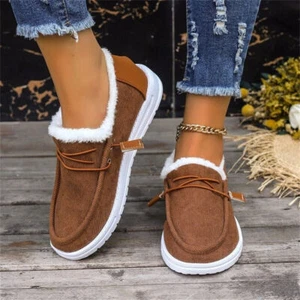 Women's Soild Fleece Lined Shoes Slip On Fluffy Warm Flat Non-slip Canvas Shoes - Picture 1 of 18