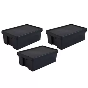 (Set of 3) 36L Heavy Duty Storage Box With Lid Black Recycled Plastic Containers - Picture 1 of 8