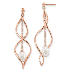 925 Sterling Silver Rose Tone 7mm White Rice Freshwater Cultured Pearl Post ... - Picture 1 of 4