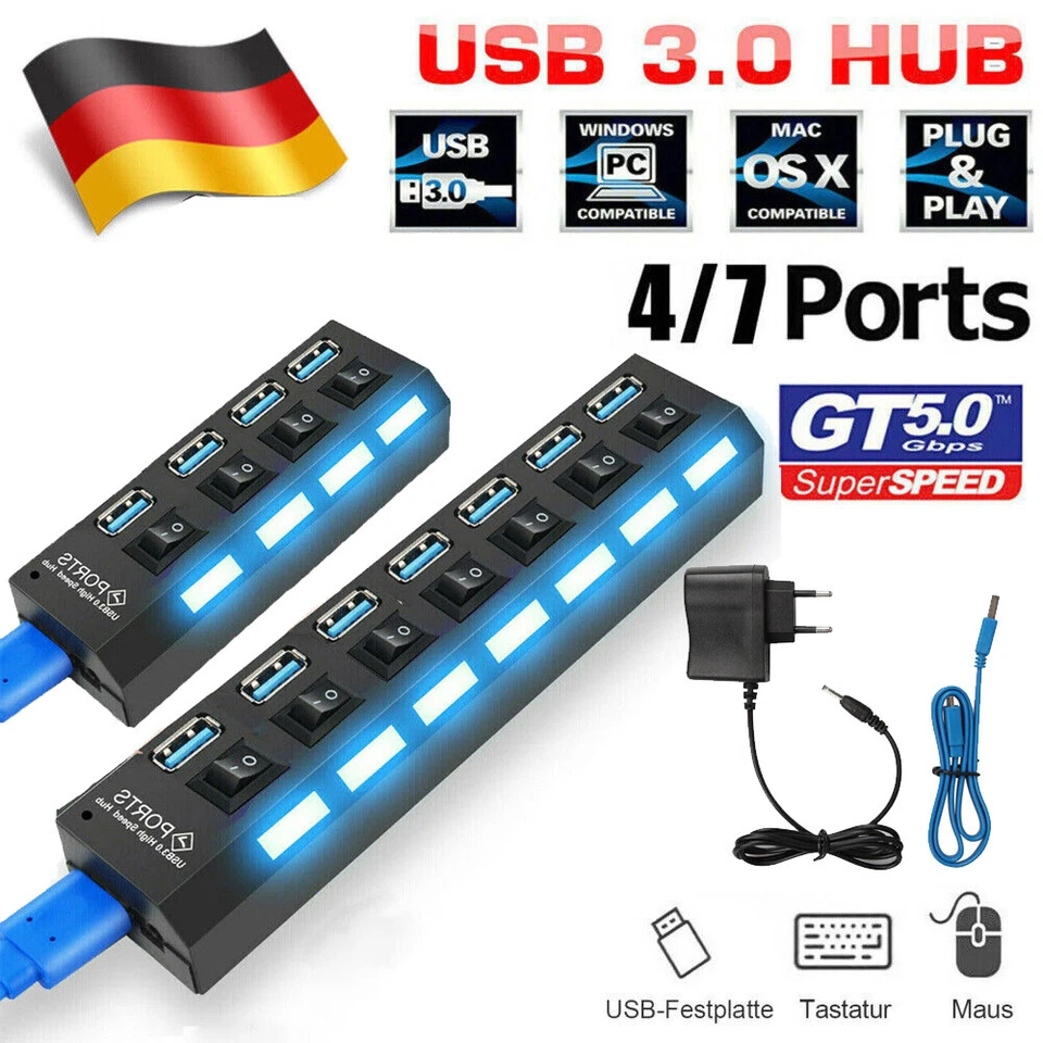 USB 3.0 Hub 4/7 Port Splitter Adapter Verteiler mit Netzteil Schalter PCLaptop - Bild 1 von 4