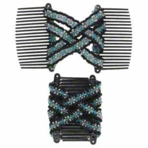 3" Double Comb Set MAGIC plastic teeth Aqua Blue Black Metallic Butterfly Sty   - Foto 1 di 3