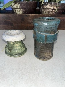 Handgefertigte Keramik Kerzenständer Mismatch 2er Set Blau Grau Abstrakt - Bild 1 von 9