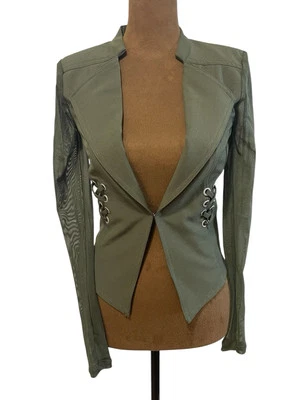 Material Girl Vest Womens Size Small Green Blazer Vest Mesh Sleeve & Back - Image 1 of 4