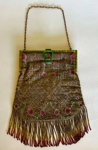 Borsa vintage anni 30 rosetta e multi perline bronzo - Foto 1 di 3