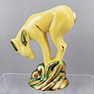 Maceta de cerámica artística pastoreo gacela/ciervo estilo Art Deco amarillo verde vintage - Imagen 1 de 11