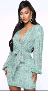 NWT Fashion Nova Seeing The Stars Sequin Mini Dress Mint Green 1X - Picture 1 of 12