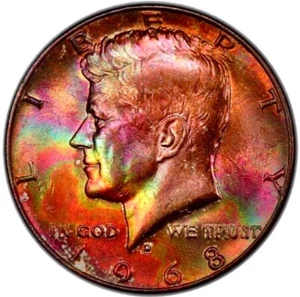 Medio dólar Kennedy 1968-D graduación profesional MS65 certificado QA color “monstruo” tono arco iris - Imagen 1 de 5