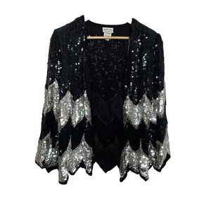 Chaqueta Cárdigan Abierta Vintage Judith Ann Creations Años 80 Seda Negro Plata Lentejuelas L - Imagen 1 de 9