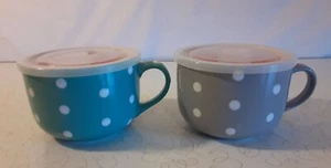 Signature Steingut Suppentassen Becher mit Deckel 2er Set blau grau gepunktet - Bild 1 von 7