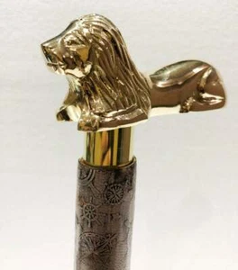 SOLID BRASS ANTIQUELEATHER LION HANDLE WALKING STICK CANE, WOODEN BROWN STICK - Picture 1 of 3