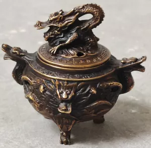 Antiguo Latón Antiguo Excelente Quemadores de Incienso Dragón Censario Trípode Sello Firmado - Imagen 1 de 9