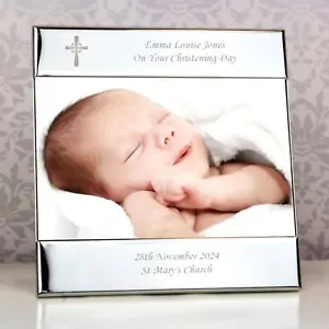 Personalised Silver Cross Christening Photo Frame 6"x4" Engraved Picture Gift - Picture 1 of 4