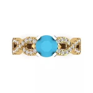 1.3 Round Simulated Turquoise Classic Bridal Statement Ring Real 14k 2 tone Gold - Picture 1 of 11