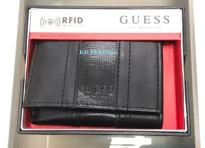 GUESS 110028 Genuine TRIFOLD Leather Wallet with Valet RFID Protection ~ BLACK  - Image 1 of 4