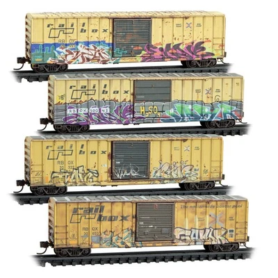 Micro Trains N Scale ~ Weathered 50' Rib Side Boxcars ~ Railbox ~ 4 Pc ~98305099 - Image 1 of 4