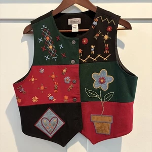 Vintage Stonebridge Vest Womens Petite Medium Wool Embroidered Floral Patchwork - Picture 1 of 14
