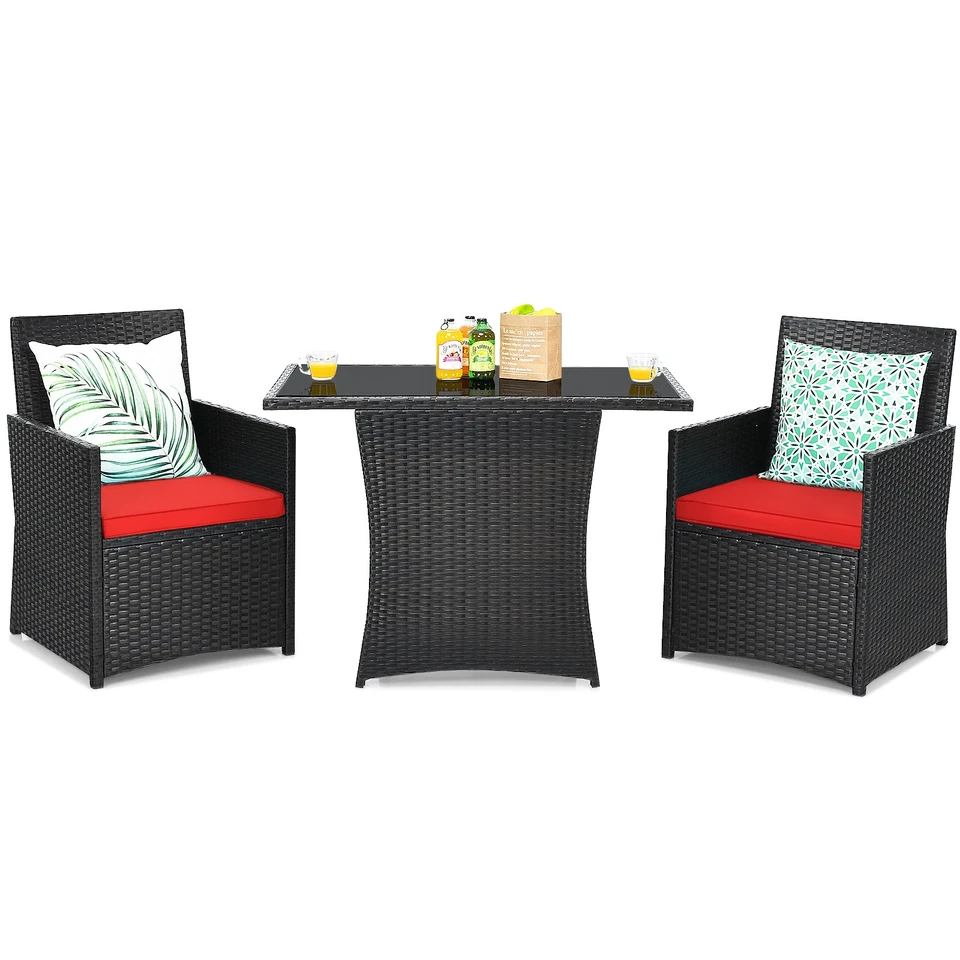 Costway 3PCS Patio Rattan Furniture Set Cushion Sofa Armrest Garden Deck Red