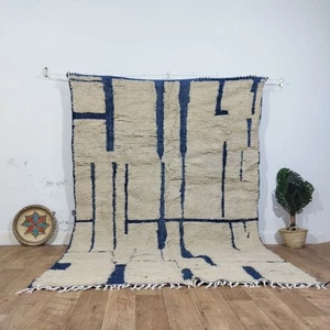 Marokkanischer Gestreifter Handgeknüpfter Berberteppich 6'3x9' Tribal Blau Weiß Schlafzimmer Wollteppich - Bild 1 von 12