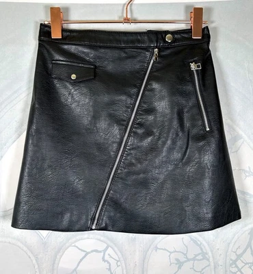 H&M black faux leather silver zip front grunge gothic rock lined mini skirt, 8 - Image 1 of 2
